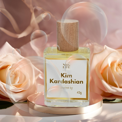 45ml Clear Rectangle Glass Kim Kardashian Dupe perfume bottle with a bamboo cap and roses in the background.