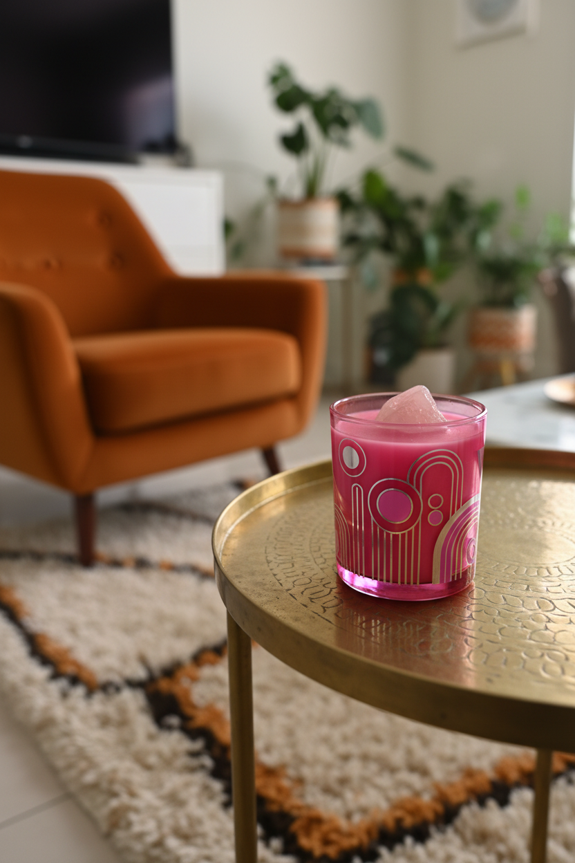 A candle with pink and silver art deco style on a copper table, with a retro chair and rug in the background.