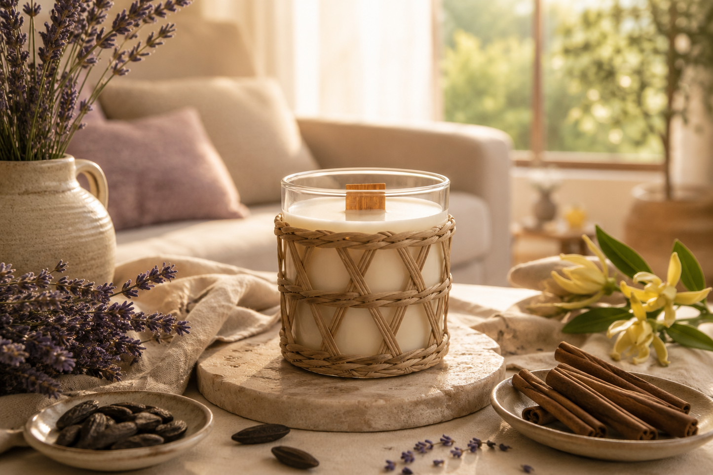 Candle with wicker holder on a wooden coaster, surrounded by lavender, cinnamon sticks, and flowers in a cozy living room setting.
