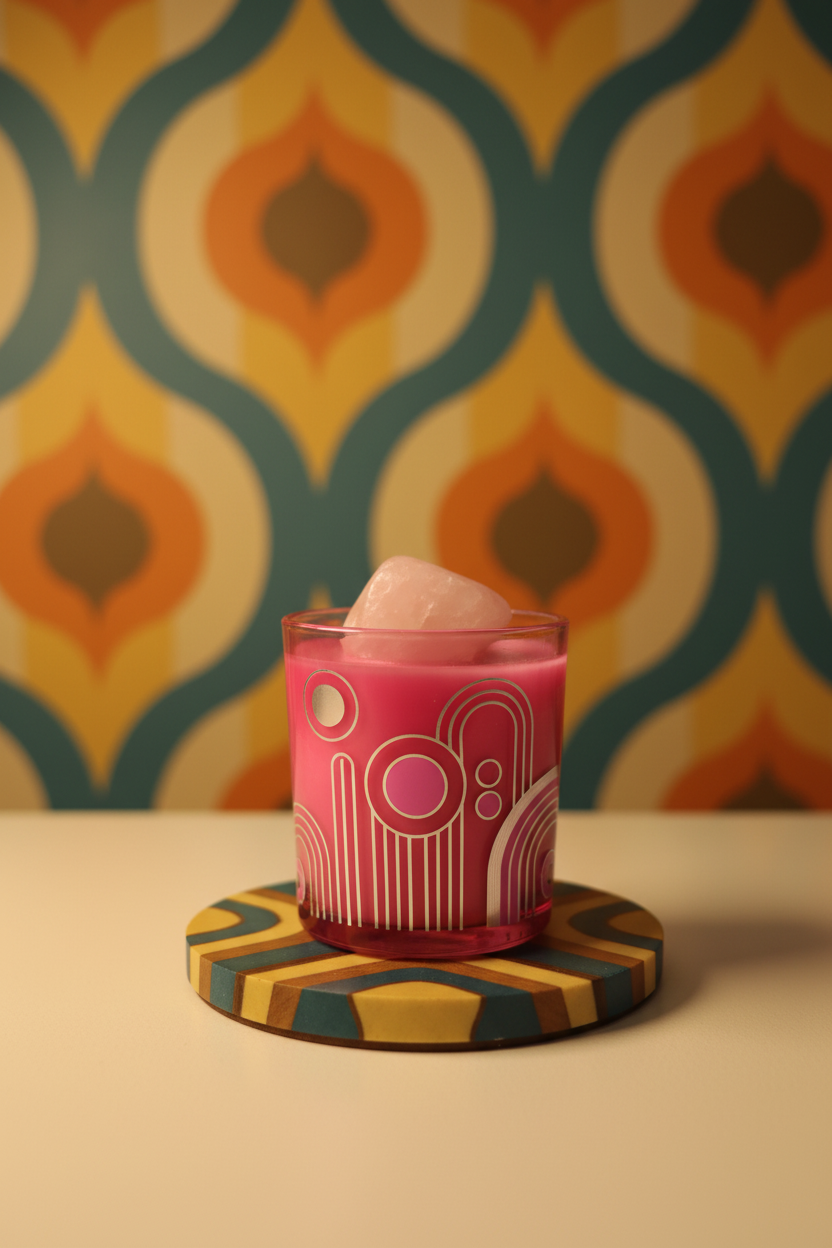 Art Deco Candle sitting on a heat proof plate with pink coconut soy wax with a rose quartz crystal in it with art deco wall paper behind.
