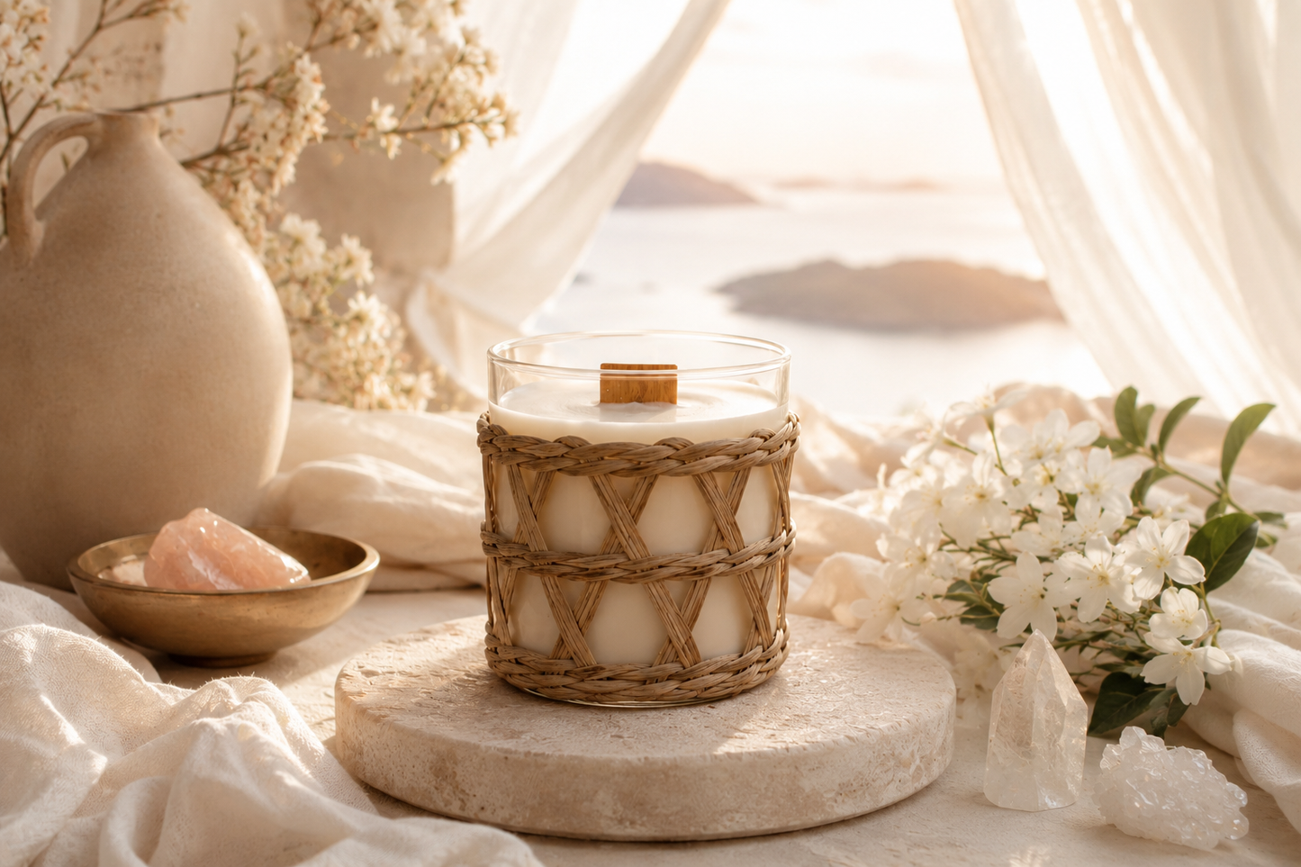 A blissful, delight and heavenly Candle called Elysian. It's a glass container in a woven holder placed on a stone surface with flowers and a vase in the background, curtains opening up to coastal views.