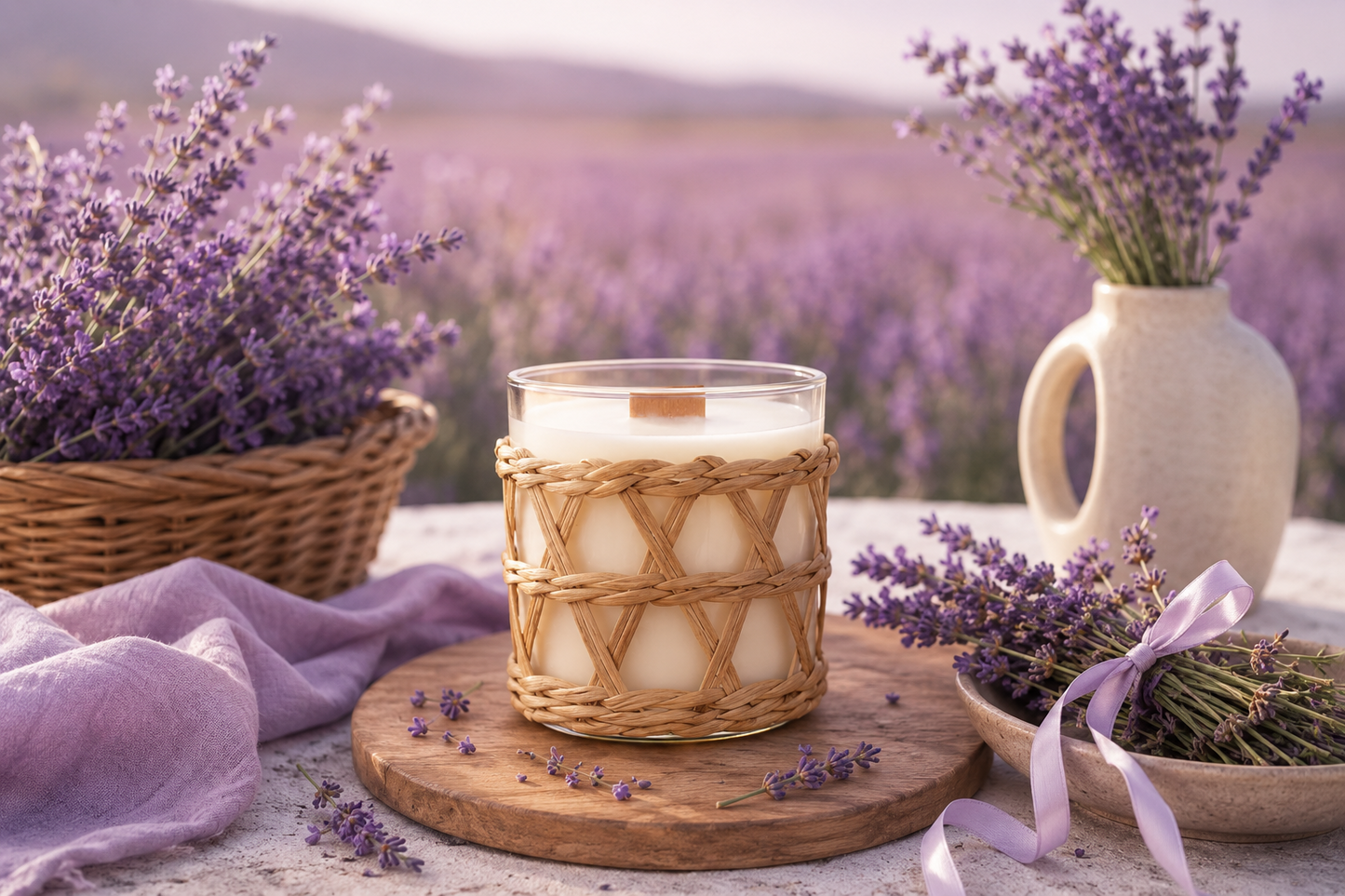 A natural coconut soy candle with the scent French lavender encased in a glass container with a natural rattan weave overlay. It sits on a stone table in a field of lavender.