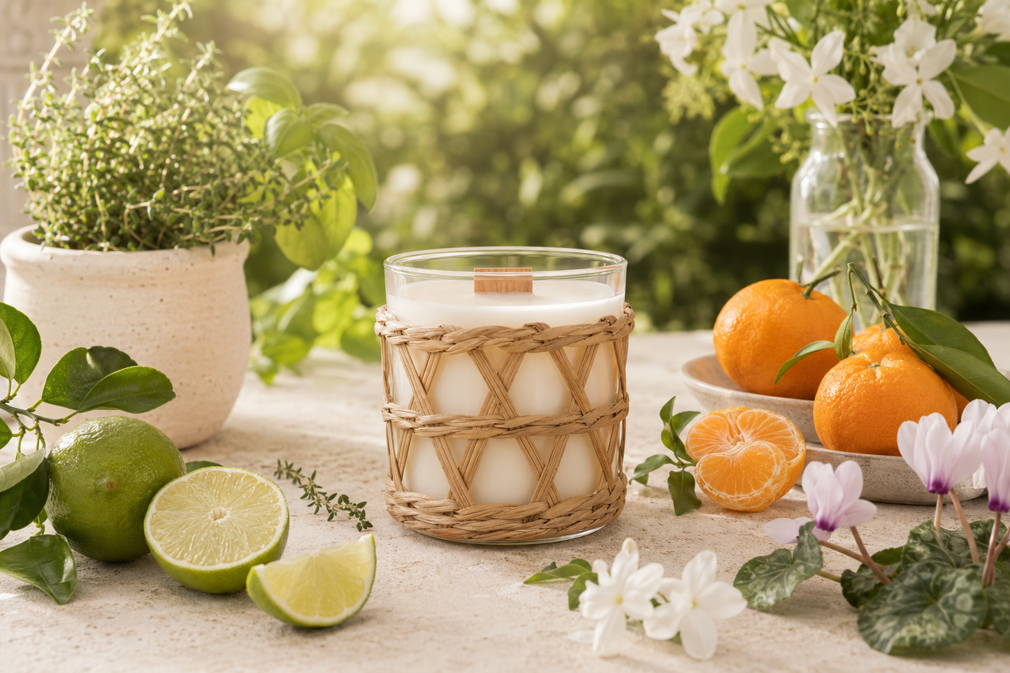 Lime Basil & Mandarin Coconut Soy Candle in a woven holder on a table with limes, oranges, and flowers outdoors.