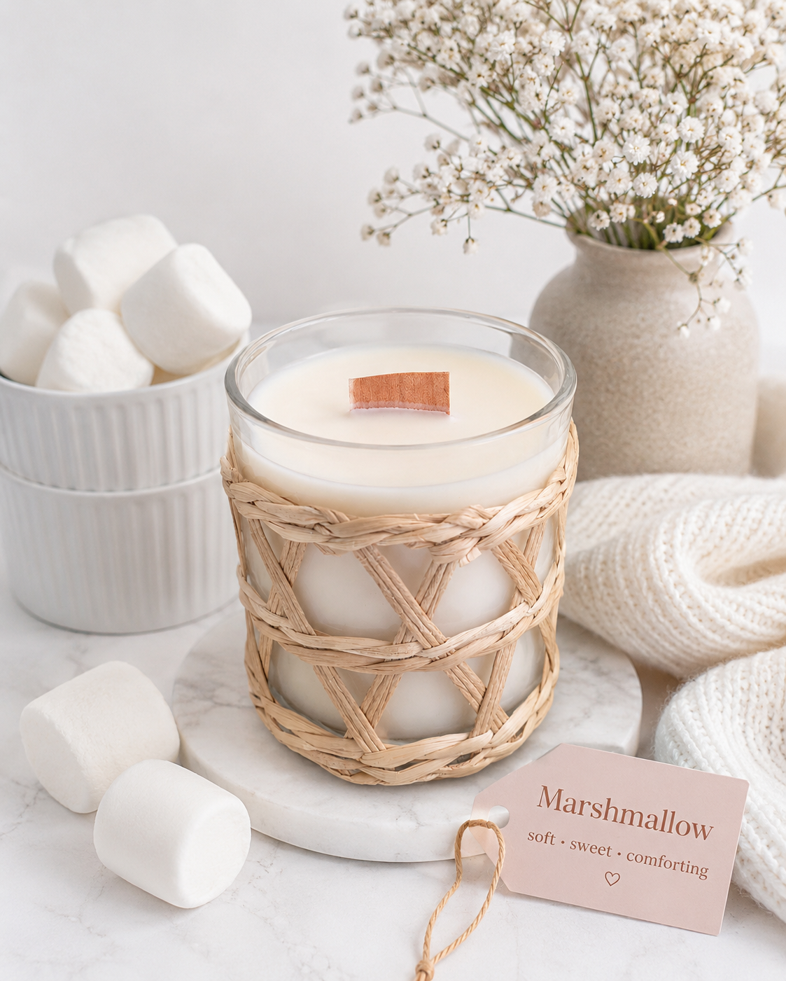 A candle called Marshmallow. It's a clear glass container with a rattan weave overlay, sitting on a table with flowers and a soft fluffy jumper.