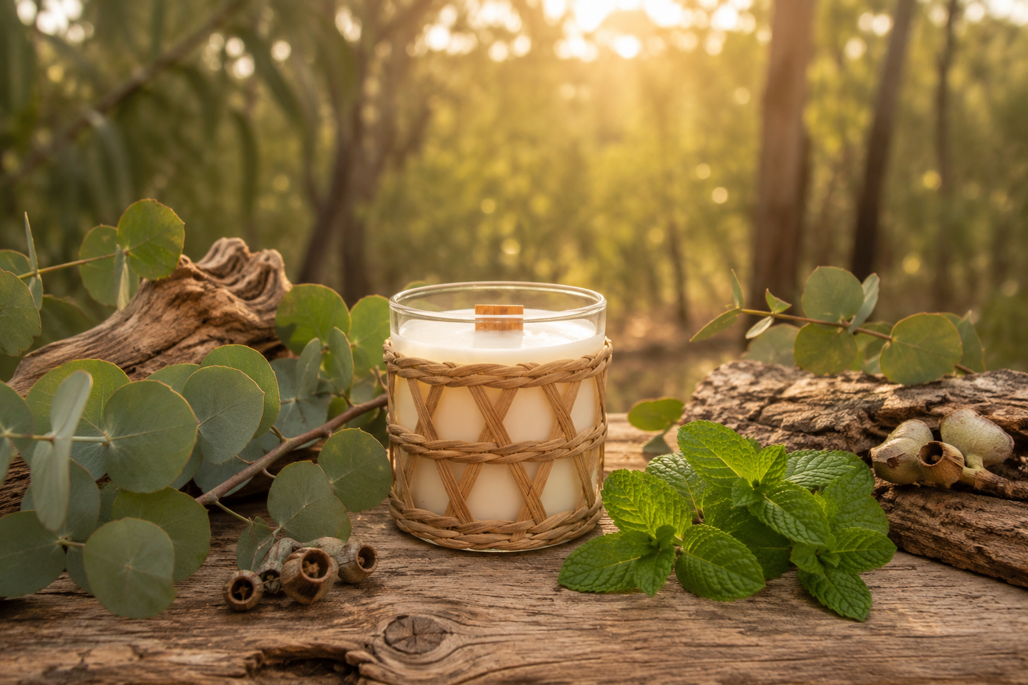 A Peppermint Eucalyptus natural Candle sitting on a timber slab in the Australian Outback at golden hour.