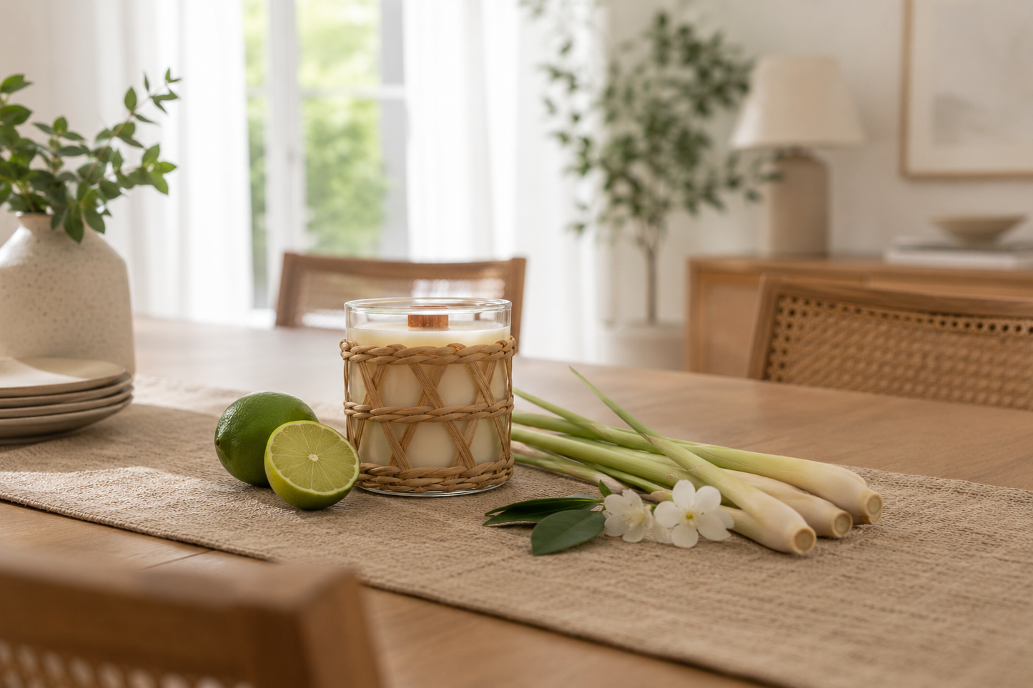 Persian Lime & Lemongrass Candle on a dining table with limes, lemongrass, and white flowers in a bright room.