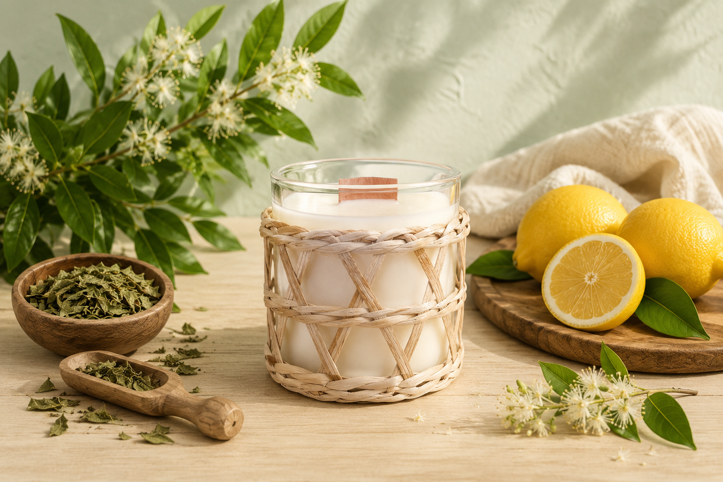 Lemon Myrtle essential oil candle in a woven rattan wrap styled with fresh lemons, lemon myrtle leaves and dried herbs