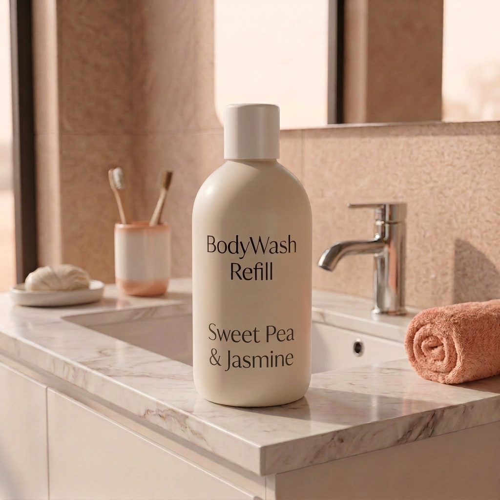 500ml Sweet Pea & Jasmine body wash refill, generic bottle, label and screw cap.