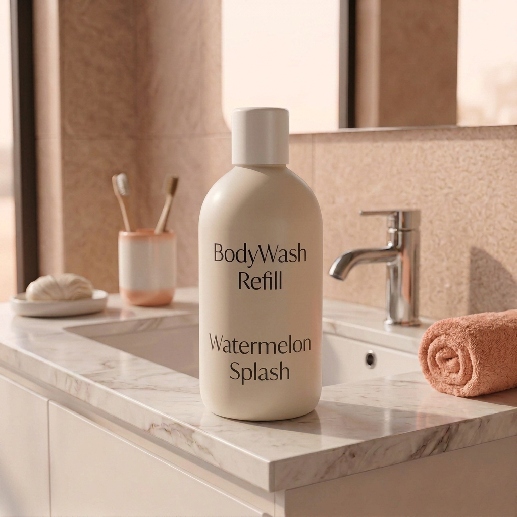 500ml Watermelon Splash body wash refill with peach background colours.