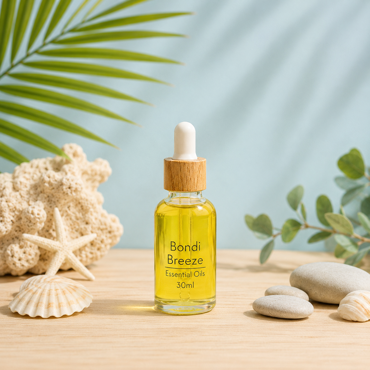 A 30ml glass dropper bottle of Bondi Breeze Essential Oils filled styled on a wooden surface with seashells, coral, and tropical leaves against a light blue background.