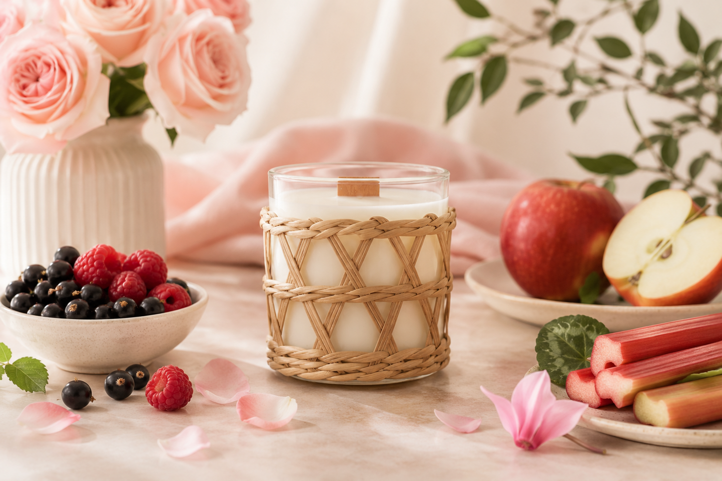 A coconut soy candle with the scent called star placed on a table with a soft feminine background with berries, apple, rhubarb and florals and greenery. It has a feminine feel.