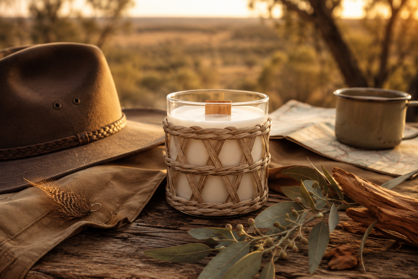 A candle called Teak & Neroli sitting on an old table with a bush hat, jacket, map and a cuppa.