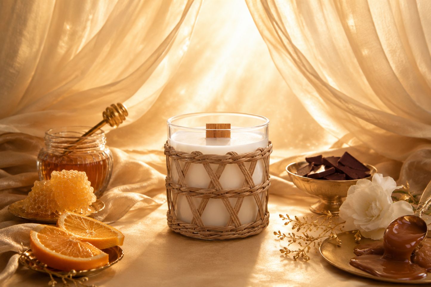 Candle in a woven holder with honey, oranges, and chocolate on a soft fabric background