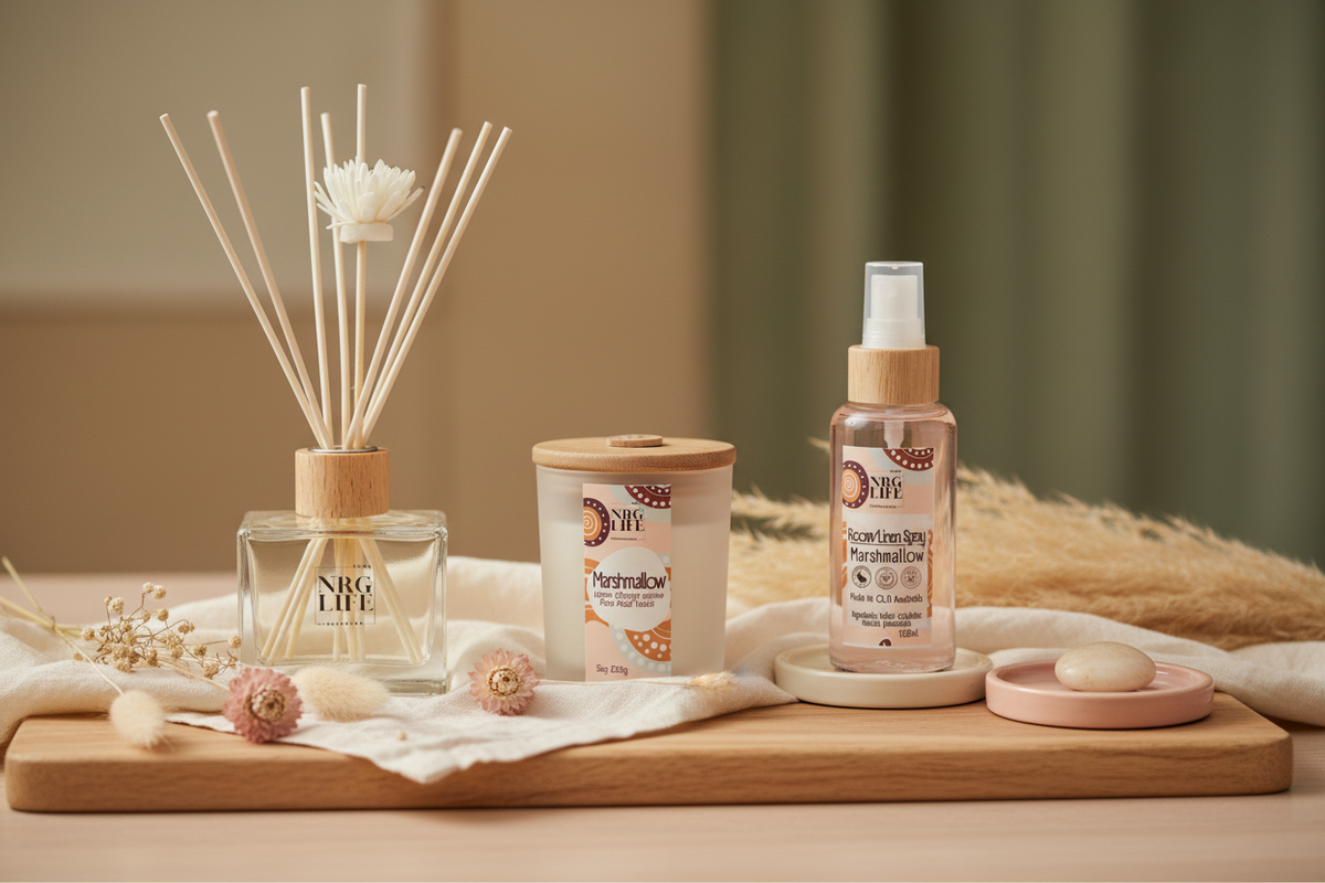Marshmallow Reed Diffuser, Candle & Room Spray Gift Set lifestyle shot.