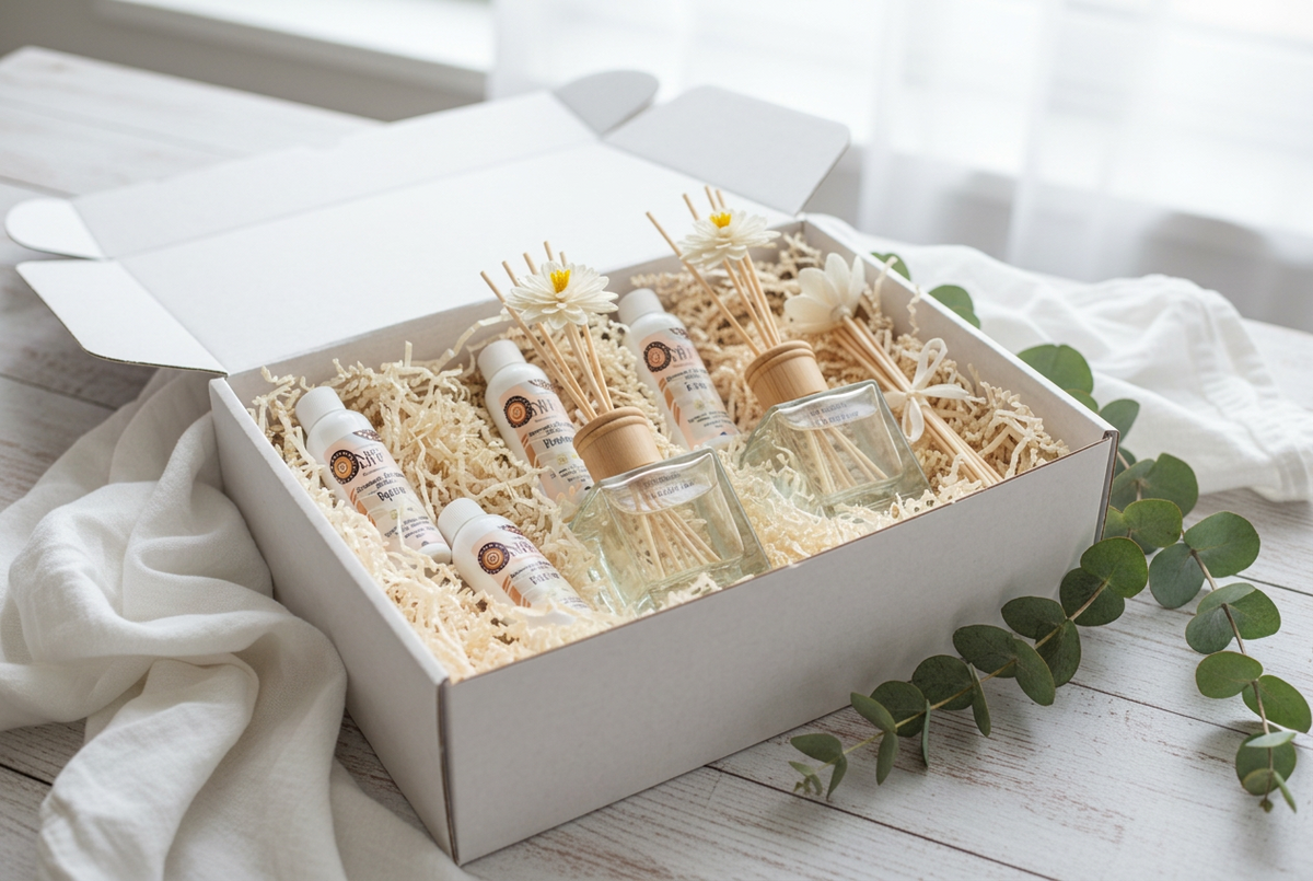 Nrglife reed diffuser gift set box – 4 refills, 2 diffusers and 2 reed sets