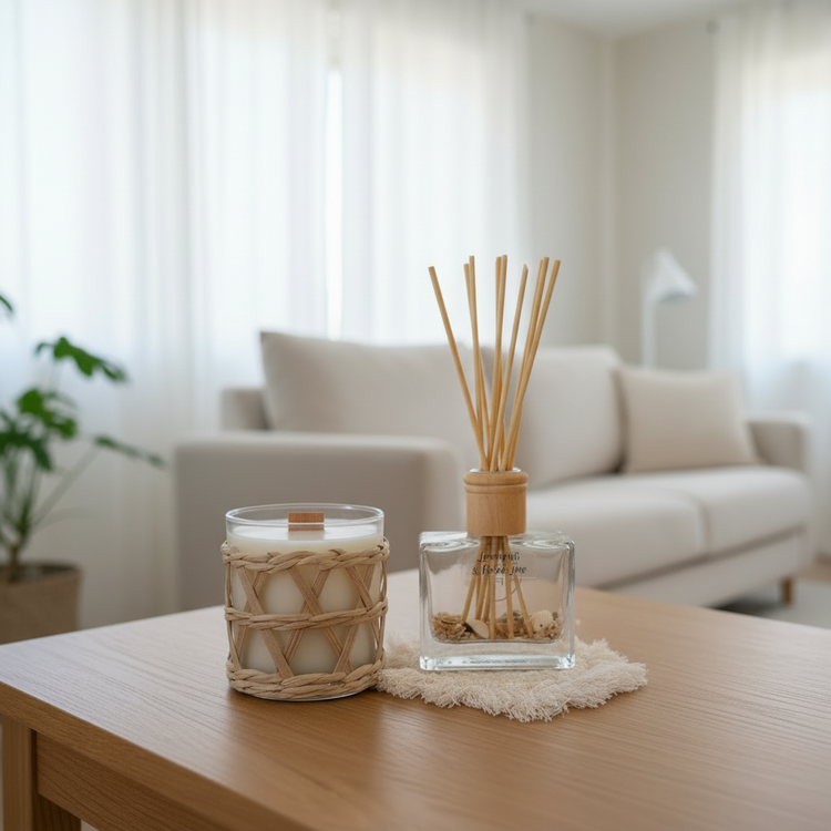 Rattan Weave Candle sitting on a coffee table in a lounge room.