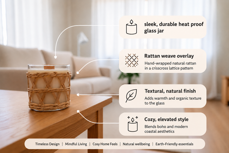 Sleek, durable heat proof container, a timeless design for mindful living with a textured rattan weave overlay. Holds 380g coconut soy wax with fragrance.