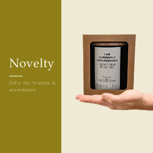 Playful and event novelty comments on black candles with a timber lid which make great gifts for work colleagues and friends.