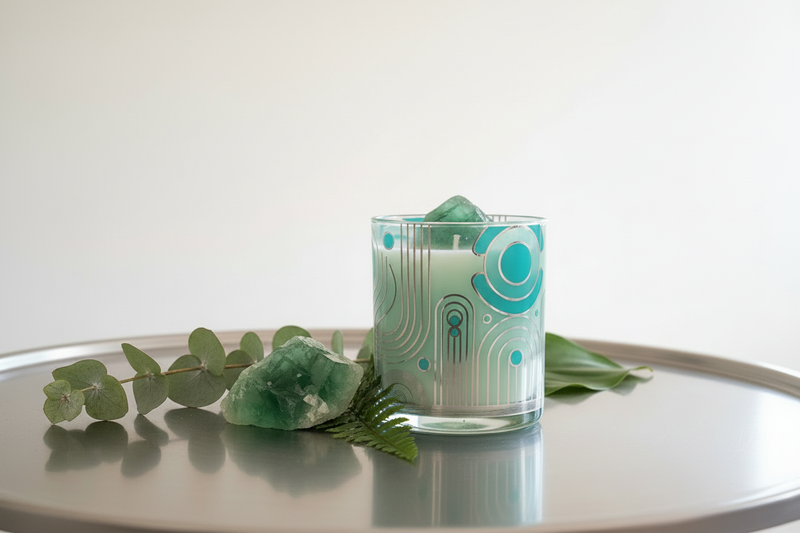 A depiction of a coconut soy candle with a crystals. Made with a variety of crystals for specific intention.