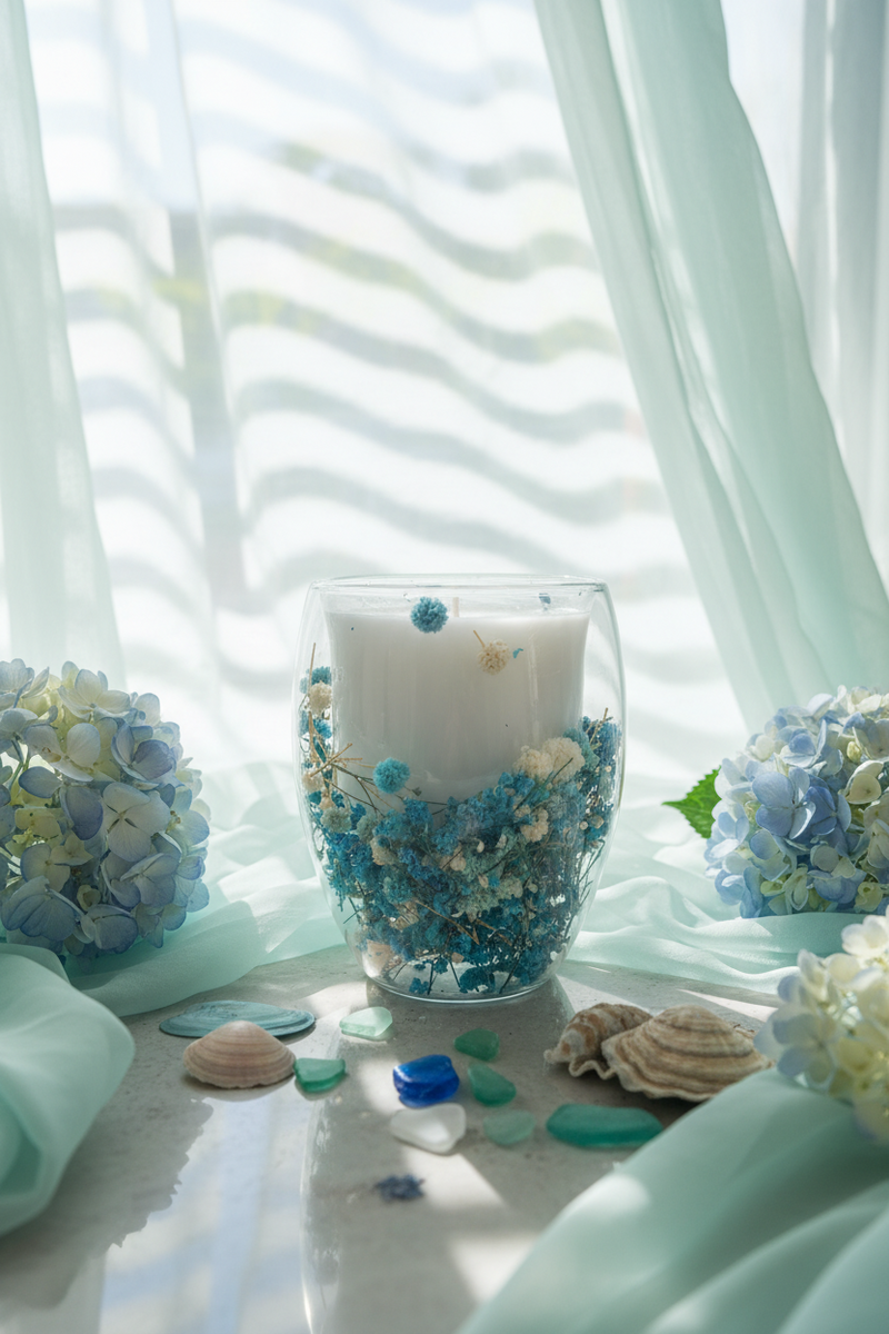 A double walled candle with babies breath between two layers of glass. flowers embedded between the two layers of glass.