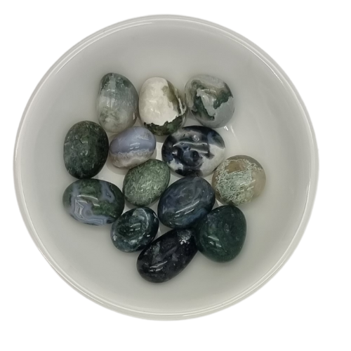 Moss Agate Tumble Pocket Stone in colours of green grey white.