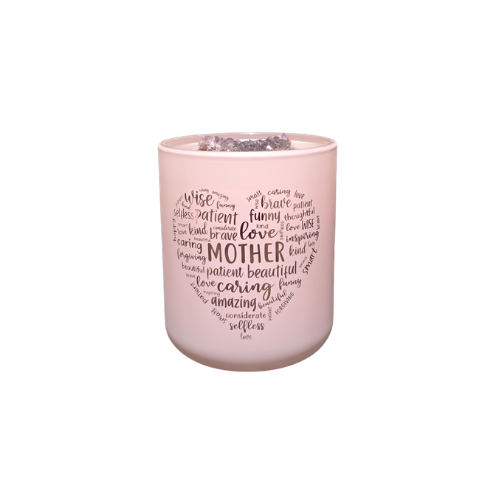 Pink Mothers Day Candle with text in a heart shape circle on a pink background