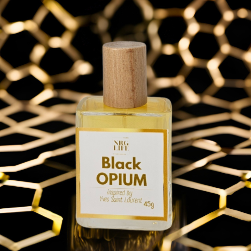 Black Opium Dupe 45ml perfume bottle with a wooden cap on a geometric patterned background
