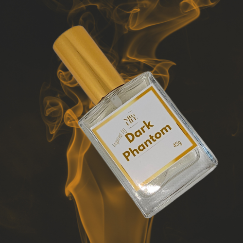 Dark Phantom Dupe perfume bottle with gold cap, 45ml, smoke effect on dark background.