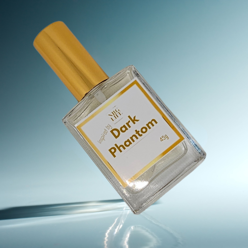 Dark Phantom Dupe perfume bottle with gold cap on a reflective surface, 45ml