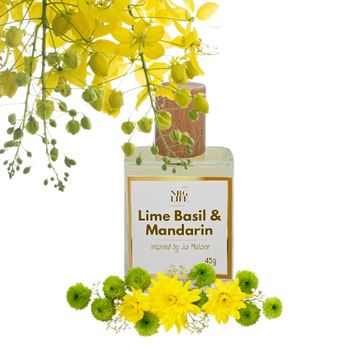 45ml Lime Basil & Mandarin Dupe perfume clear rectangle bottle with a bamboo cap and yellow flowers and green leaves accents to the side.