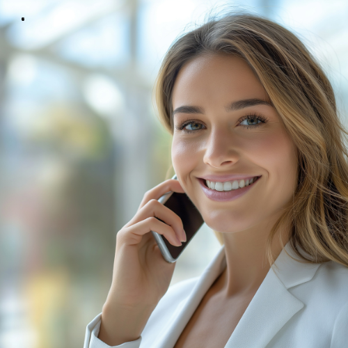 A woman smiling and talking on the phone to a customer about nrglife home fragrance products.