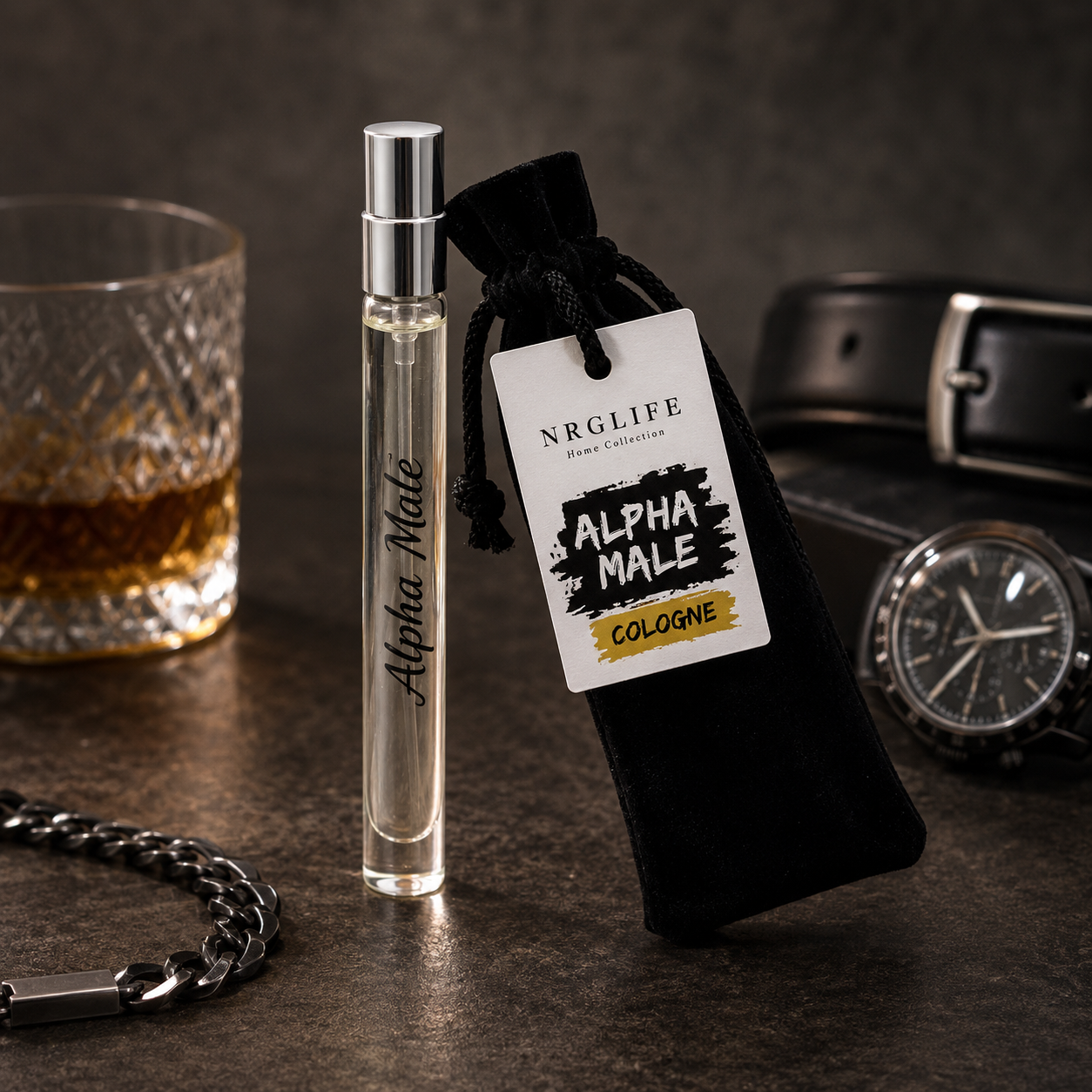 A clear cylindrical cologne atomizer 10ml bottle labelled 'Alpha Male' stands beside a black velvet drawstring pouch with a white 'NGLIFE Alpha Male Cologne' tag. The scene is styled on a dark table top with a whiskey glass, watch, belt, and chain nearby.