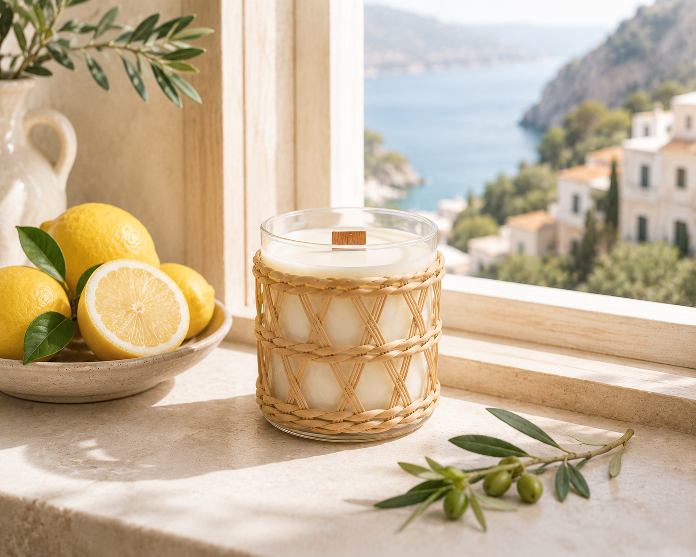 A coastal candle with natural vibes sitting on a windowsill with lemons to the side and olive sprigs with a Mediterranean view out the window.