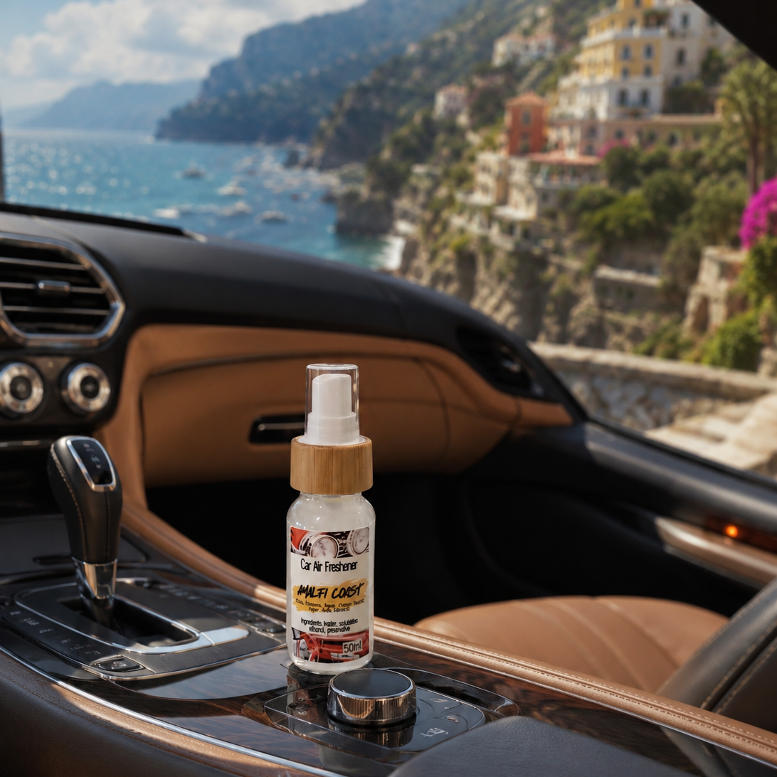 Amalfi Coast car air freshener bottle placed on the inside middle console of a sports car.