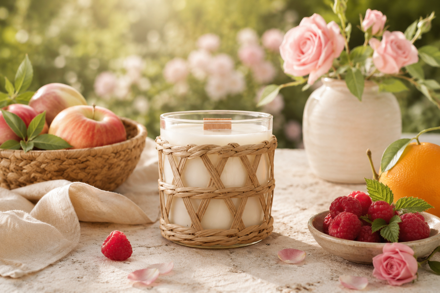 Natural Coconut Soy Candle in a wicker holder with fruits and flowers on a table outdoors.