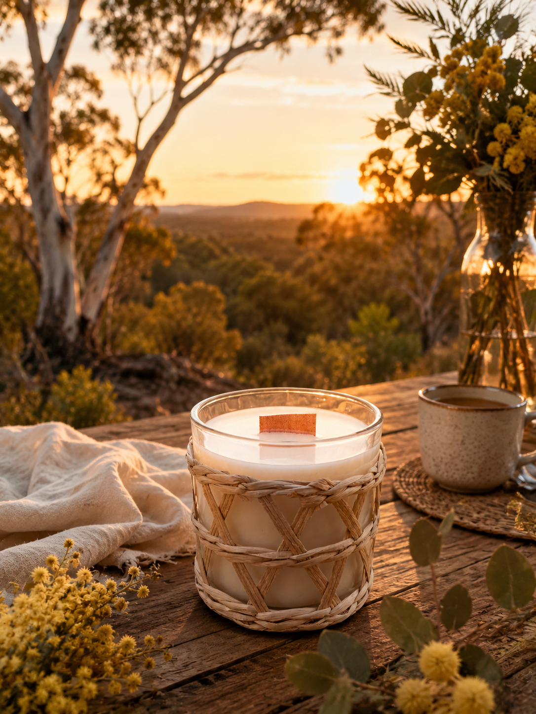 Aussie Wattle Candle in a woven glass holder on a wooden table with a scenic Australian bush sunset background.