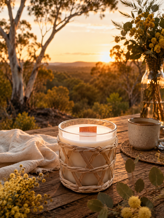 Aussie Wattle Candle in a woven glass holder on a wooden table with a scenic Australian bush sunset background.