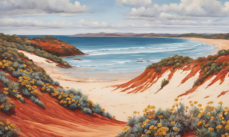 Australian Landscape with natural flora where the red sand meets the ocean.