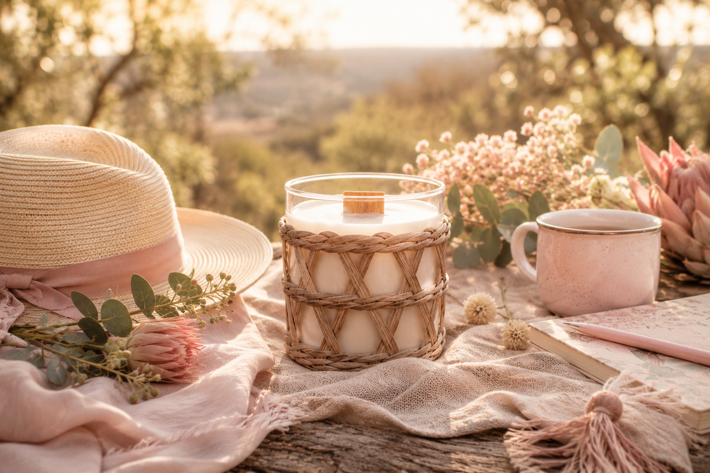 An Australian Sandalwood Candle, mug, and hat on a table with a scenic background of Australia.