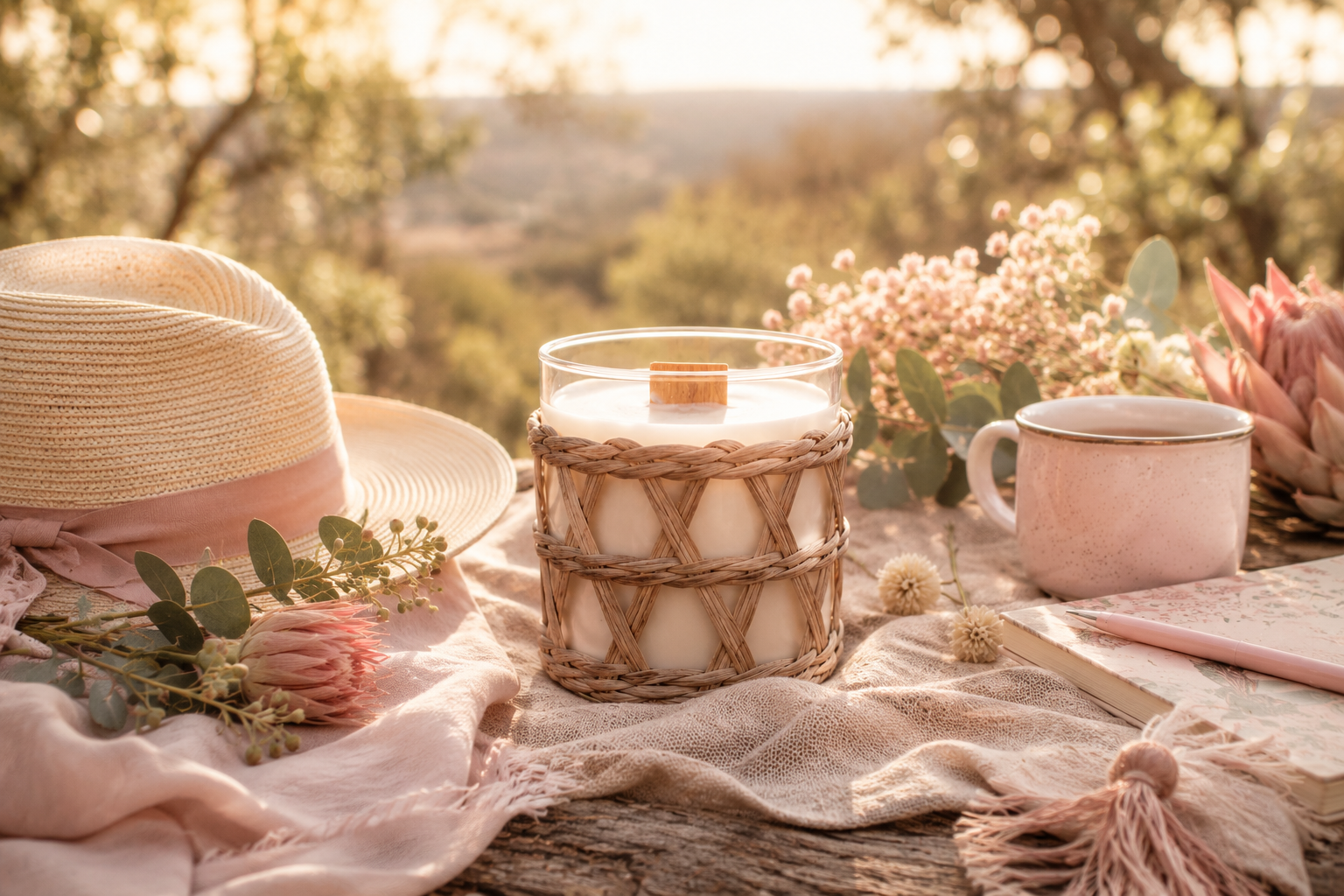 An Australian Sandalwood Candle, mug, and hat on a table with a scenic background of Australia.