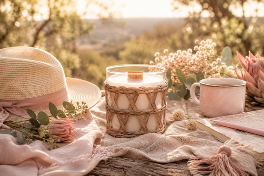 An Australian Sandalwood Candle, mug, and hat on a table with a scenic background of Australia.