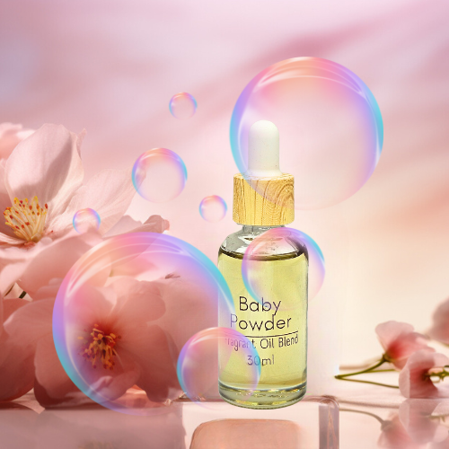 30ml Bottle of 'Baby Powder' Diffuser Oil blend with flowers and bubbles on a soft pink background.
