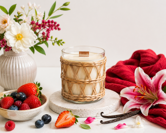 A glass container with a rattan weave overlay contains a beautiful candle with the scent berry vanilla. It is placed on a white bench with red fabric, berries and fresh blooms in a vase.