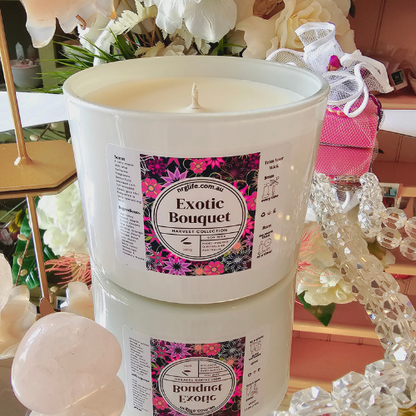 Our Large White Candle infused with our Exotic Bouquet floral fragrance displayed without the lid.