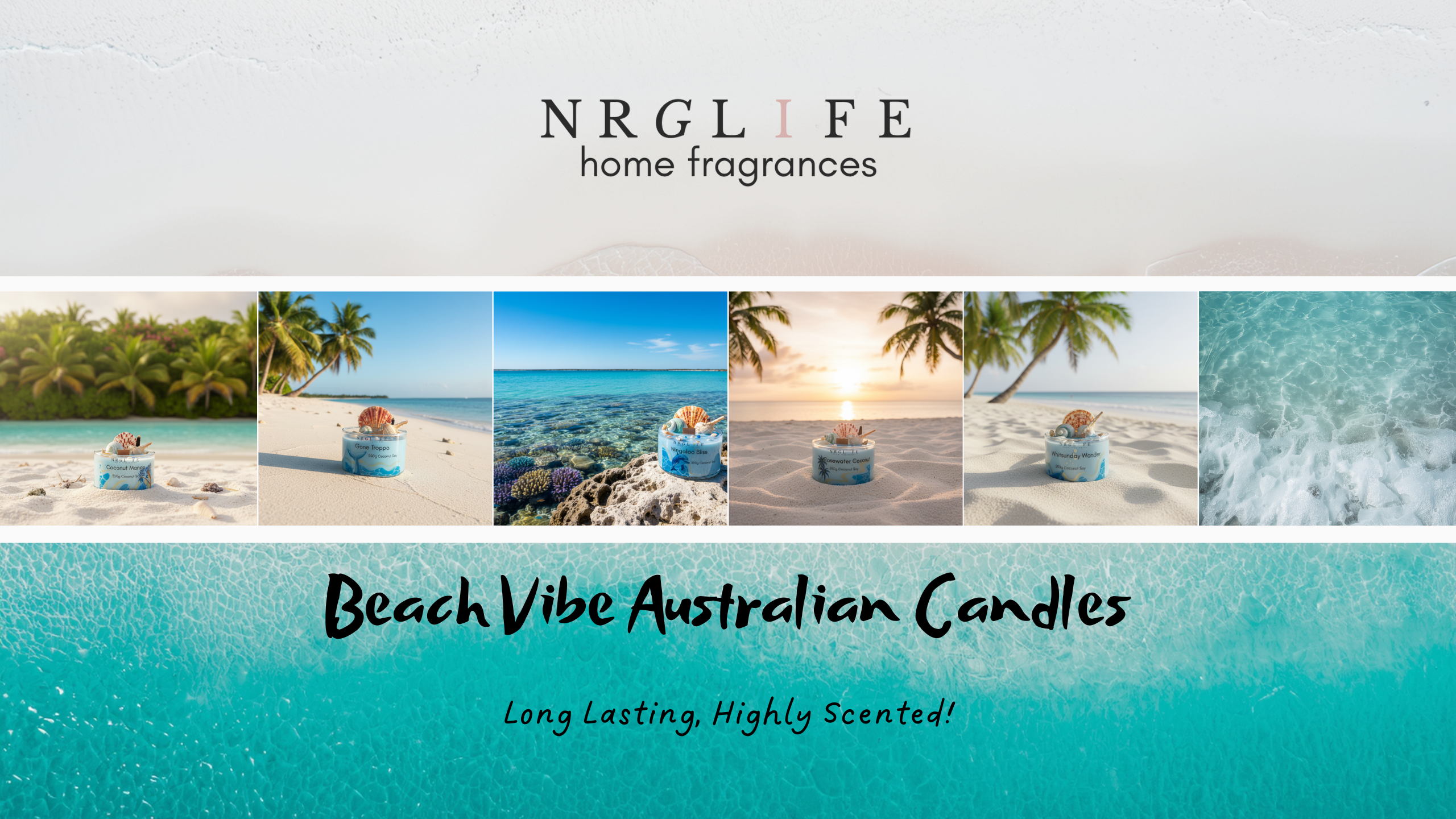 Advertisement for NRGLIFE home fragrances featuring beach-themed candles.