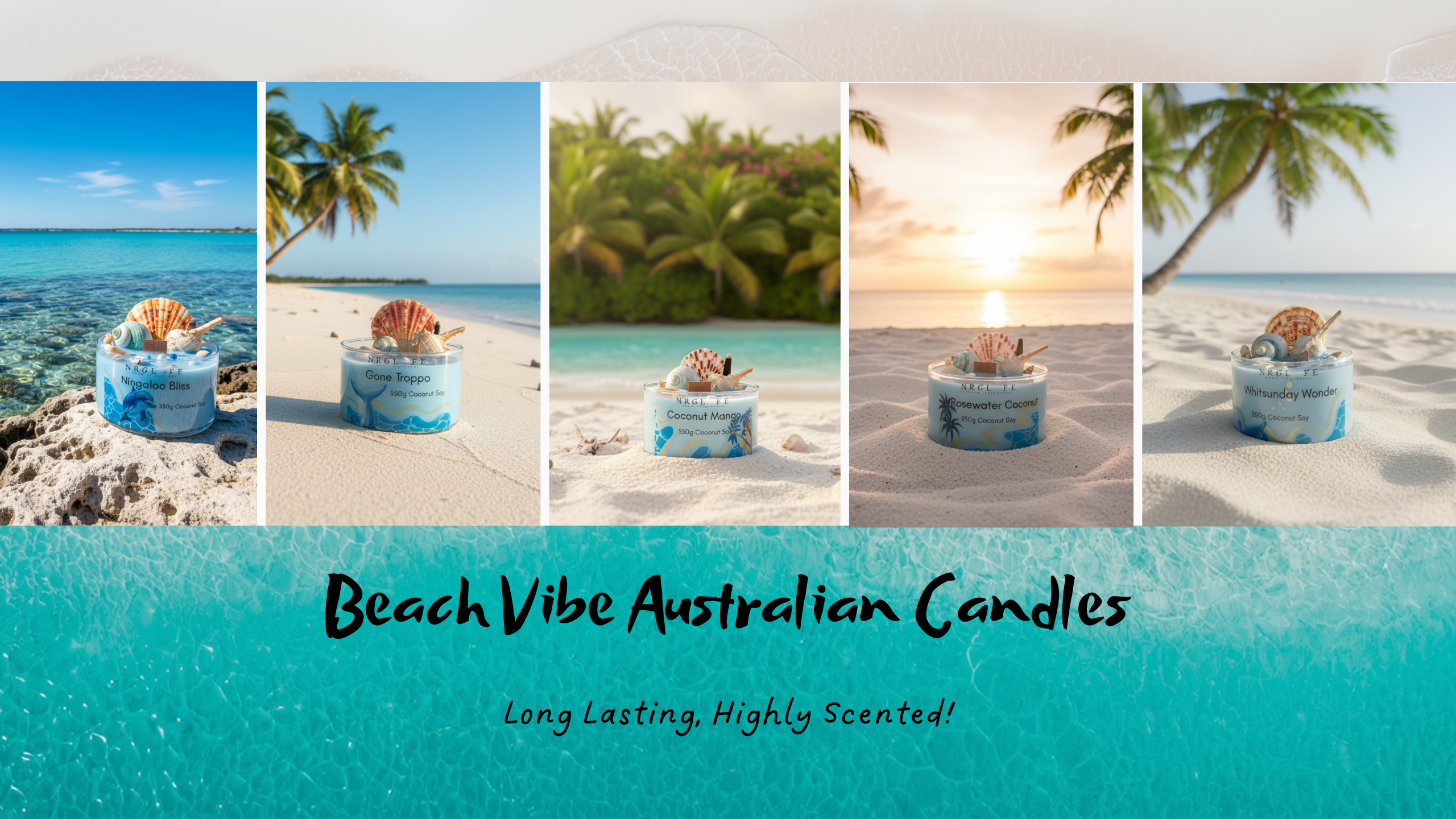 Collage of beach scenes with candles, featuring text about 'Beach Vibe Australian Candles'.