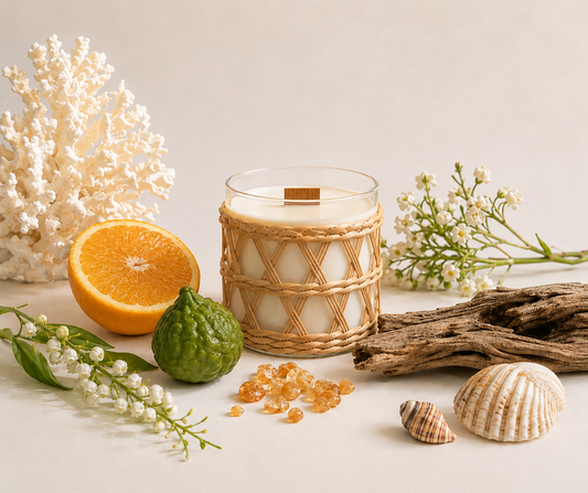 A quality candle with a fragrance scent called Bondi Breeze, placed on a table with citrus, florals and a few shells.