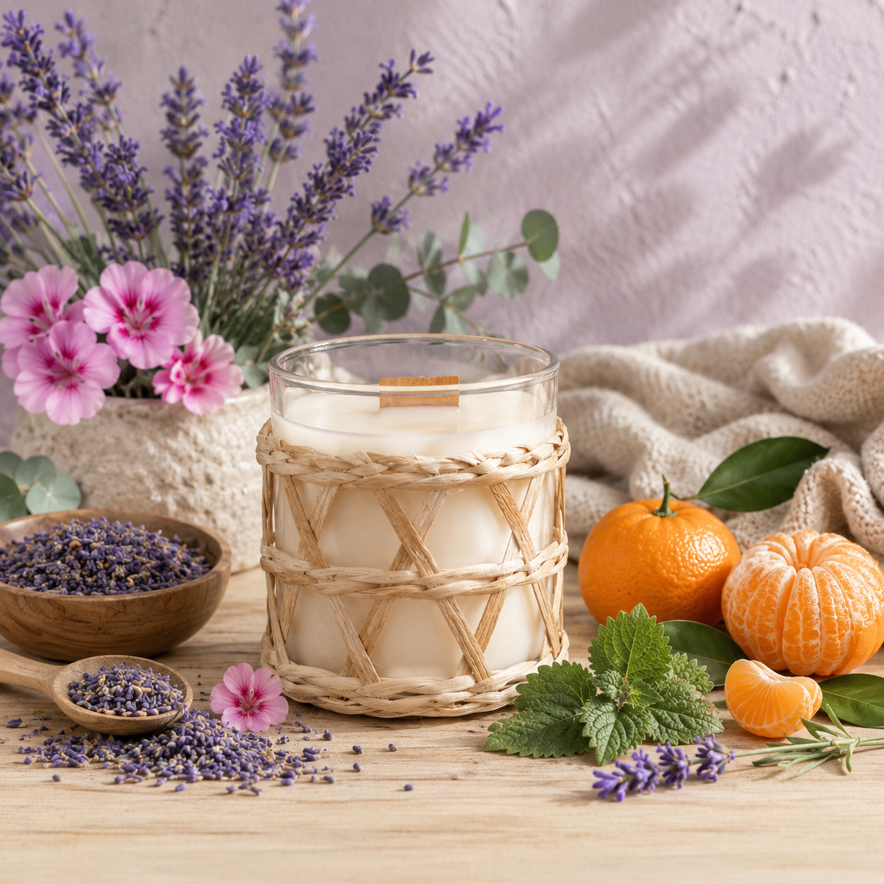 Calm essential oil candle in a woven rattan wrap surrounded by lavender, pink geranium flowers, mandarins and mint leaves