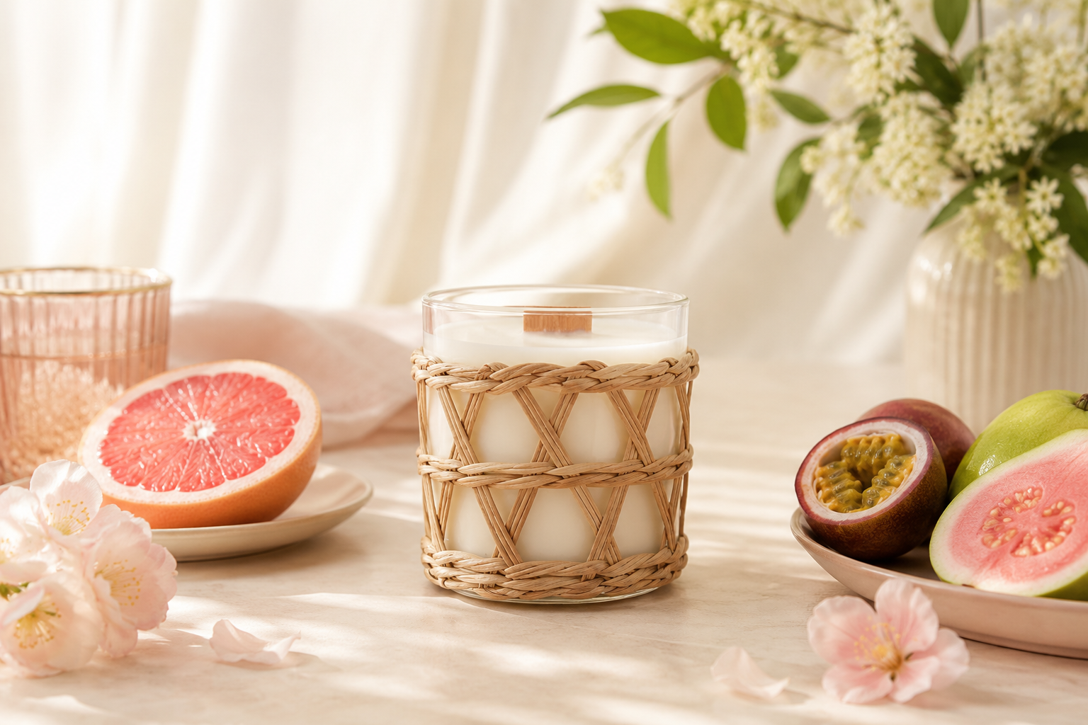 Coconut Soy Candle with a timber wick, in a woven rattan holder with the scent called Celebrations. Fruits and flowers on a table with soft filtered light.