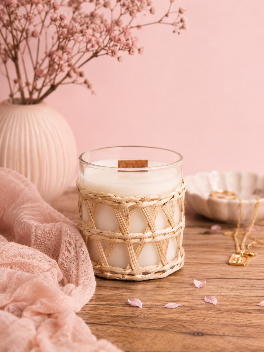 Cherry Blossom Candle in a woven holder over glass on a wooden surface with pink flowers and soft lighting.